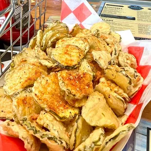 Fried pickles were crispy on top, but very greasy on the bottom. I&apos;d still order them again.