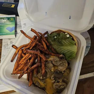 Mushroom burger sweet potato fries Yummy