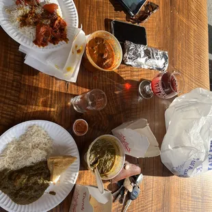 Chicken vindaloo, shrimp sag, veggie samosa, rice, Nan