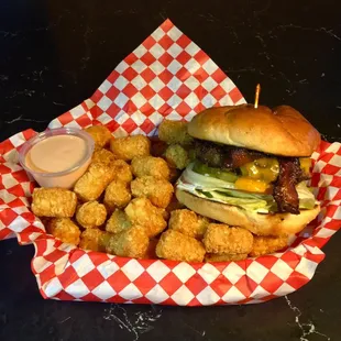 Big and juicy bacon cheeseburger &amp; tots!