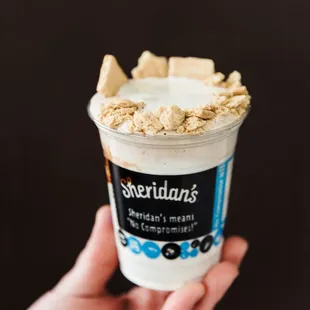 a hand holding a cup of ice cream