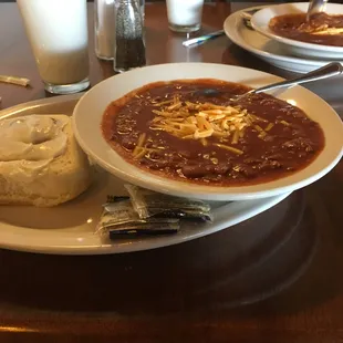 Bowl of Chili and a Homemade Cinnamon Roll! Good stuff!!