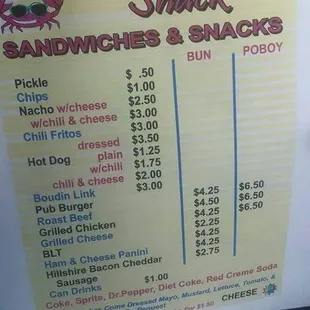 prices for sandwiches and snacks