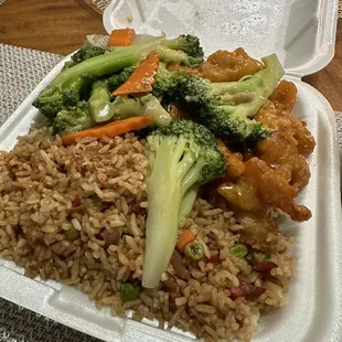 Broccoli beef, orange chicken, fried rice.
