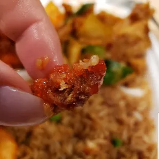 Super hard sweet/sour pork. It's so overcooked that you can't even see the meat. It's just a dark, hard, fried clunk w/ a little sweetness.