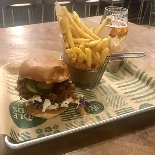 BBQ pulled pork sandwich and beer special