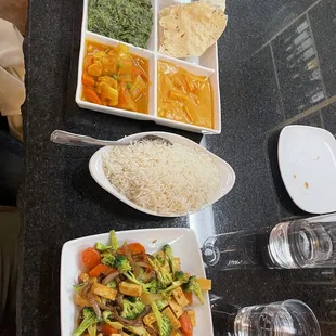 Tibetan tofu and broccoli, Buddhist delight sampler, basmati rice
