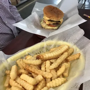 Double cheese burger and fries.