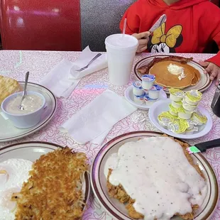 Chicken fried steak and pancake kids meal.