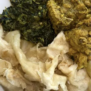 Curry Chicken (bone-in), Spinach, and Buss-Up.