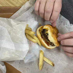 Hamburger and fries at Sherry&apos;s