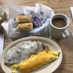 an omelet and biscuits