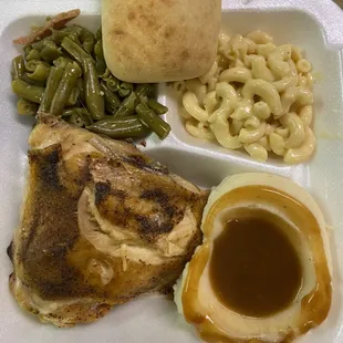 Fried chicken mashed potatoes corn and macaroni and cheese