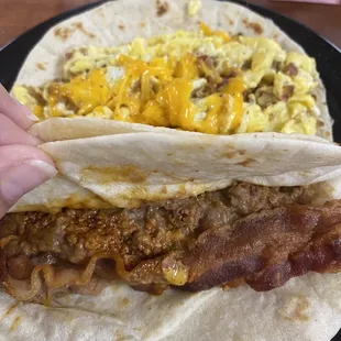 Bacon egg and cheese  Chorizo cheese and bean  Homemade tortillas