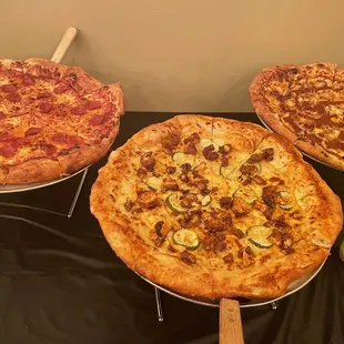 Pepperoni pizza, Nashville Chicken Pizza, Buffalo Chicken Pizza