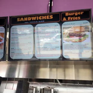 Menu, sandwiches and burgers