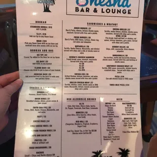 the menu for shesha bar and lounge