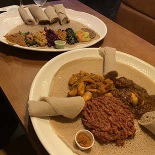 Veggie combo and shewa combo (with asa gulash, kitfo - raw, doro wat)