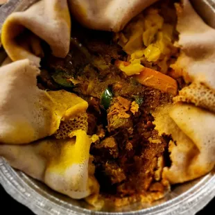 Lamb tibs, cabbage, yellow lentils