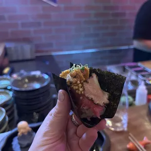 Toro, uni, truffle hand roll