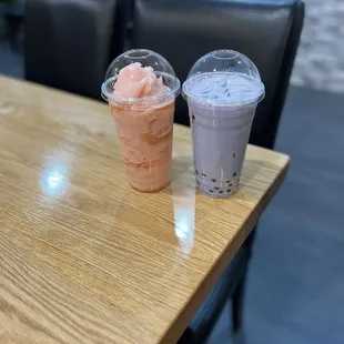 Strawberry slush and taro milk tea