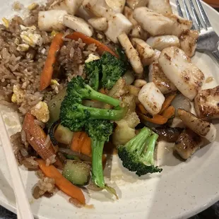Calamari steak plate with garlic fried rice and veggies