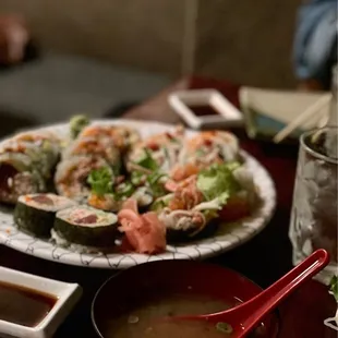 Sushi platter and miso soup