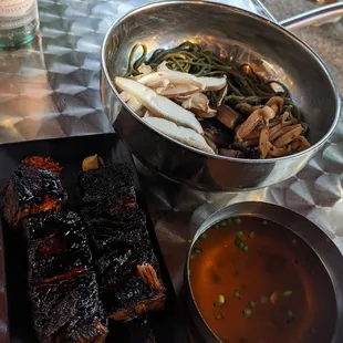 Cold matcha noodles, pork and beef rib skewer