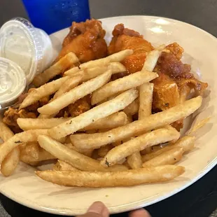 Barbque wings and fries