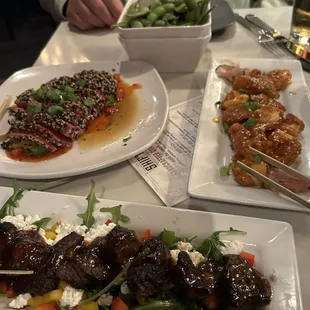 Edamame, tuna, shrimp, and steak tips