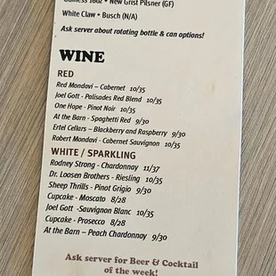 Beer and wine list