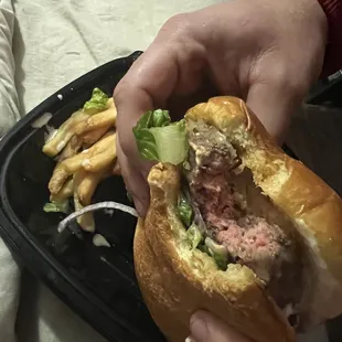 Rare burger with cold center. Order well done.