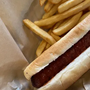a hot dog and french fries