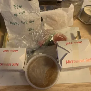 Small side of lo mein, small hot and sour soup, large side of fried rice, free pork spring roll and crunchy things.