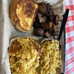 Burnt ends, green Chile Mac, corn 'spoon' bread