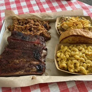 Ribs, Pulled Pork, potato casserole, green Chile Mac