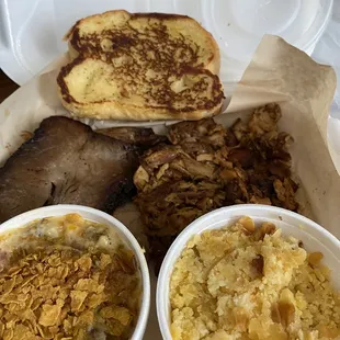 Brisket, chicken, spoon cornbread and loaded potatoes