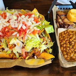 BBQ Nachos w/Pulled Pork and Brisket with Apple Pie Baked Beans and Green Beans