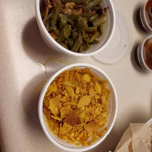 Brisket, pulled pork, green beans &amp; potato casserole.