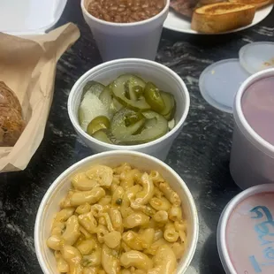Mac n Cheese, Pickle salad, Baked Beans