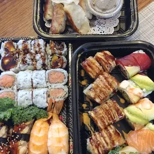 Another great dinner Autumn roll Gyoza Spicy tuna Rainbow roll Unagi Ebi