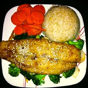 Yummy! The Delicious Hibachi Flounder w/ Broccoli, Sweet Carrots and Fried rice! One of my many favorites at shiki &amp; only $6.49