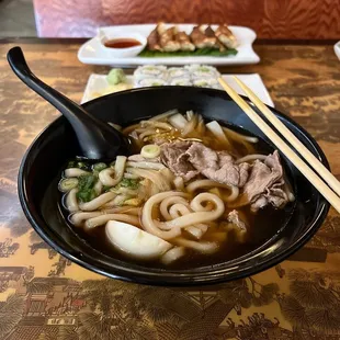 Beef Udon, California Roll and Gyoza