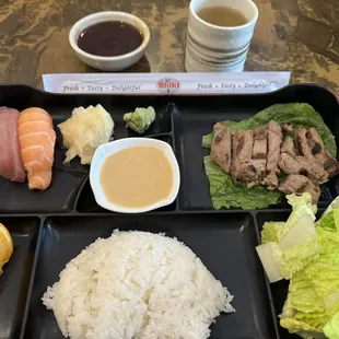 Bento Box/Lunch with terayaki beef and nigiri sushi (sauce on side)