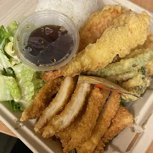 Lunch bento with tempura and chicken katsu