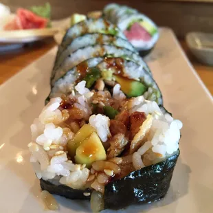 My own creation Crunchy Salmon skin, cucumber &amp; avocado roll with ponzu sauce YUMZZZZZZ!!! :)&apos;