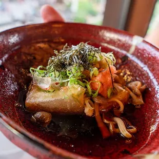 Agedashi Tofu (Modified Vegan) Deep-fried tofu with shimeji mushrooms in soy sauce