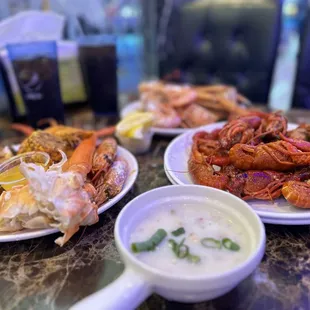 a variety of seafood dishes