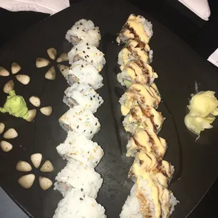 a plate of sushi and a plate of pine nuts