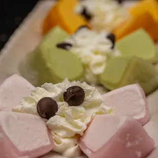 Strawberry, Green Tea, Mango Mochi Icecream, whipped cream and chocolate chips